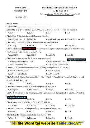 Đề thi thử THPT Quốc gia môn Sinh học năm 2019 - Lần 1 (Có đáp án)